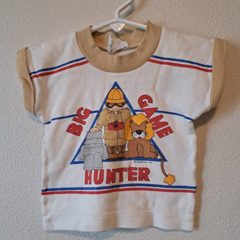 Vintage Babyfair Big Game Hunter Safari Graphic T-Shirt 12 Months White Tan 80s
